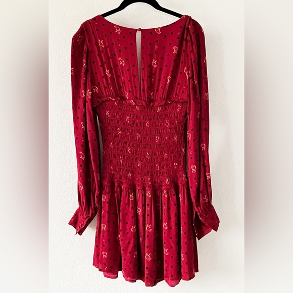 Free People Flirty Coquette Smocked Mini Dress Red Floral Puff Sleeve Size Small - Picture 10 of 14